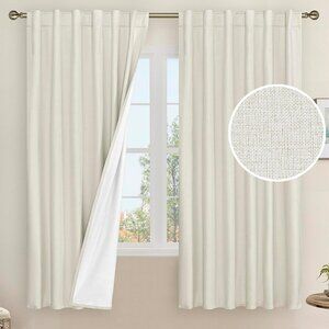 NEW 2 Panels 100% Blackout Natural Linen Curtains, 63 Inches Linen Textured